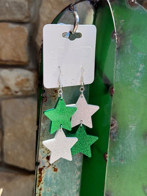 Green and White star earrings