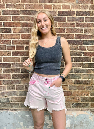 Pink acid wash jean shorts