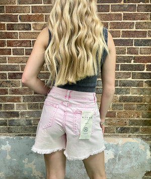 Pink acid wash jean shorts