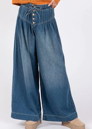 Smocked Waist Band Wide Leg Jeans